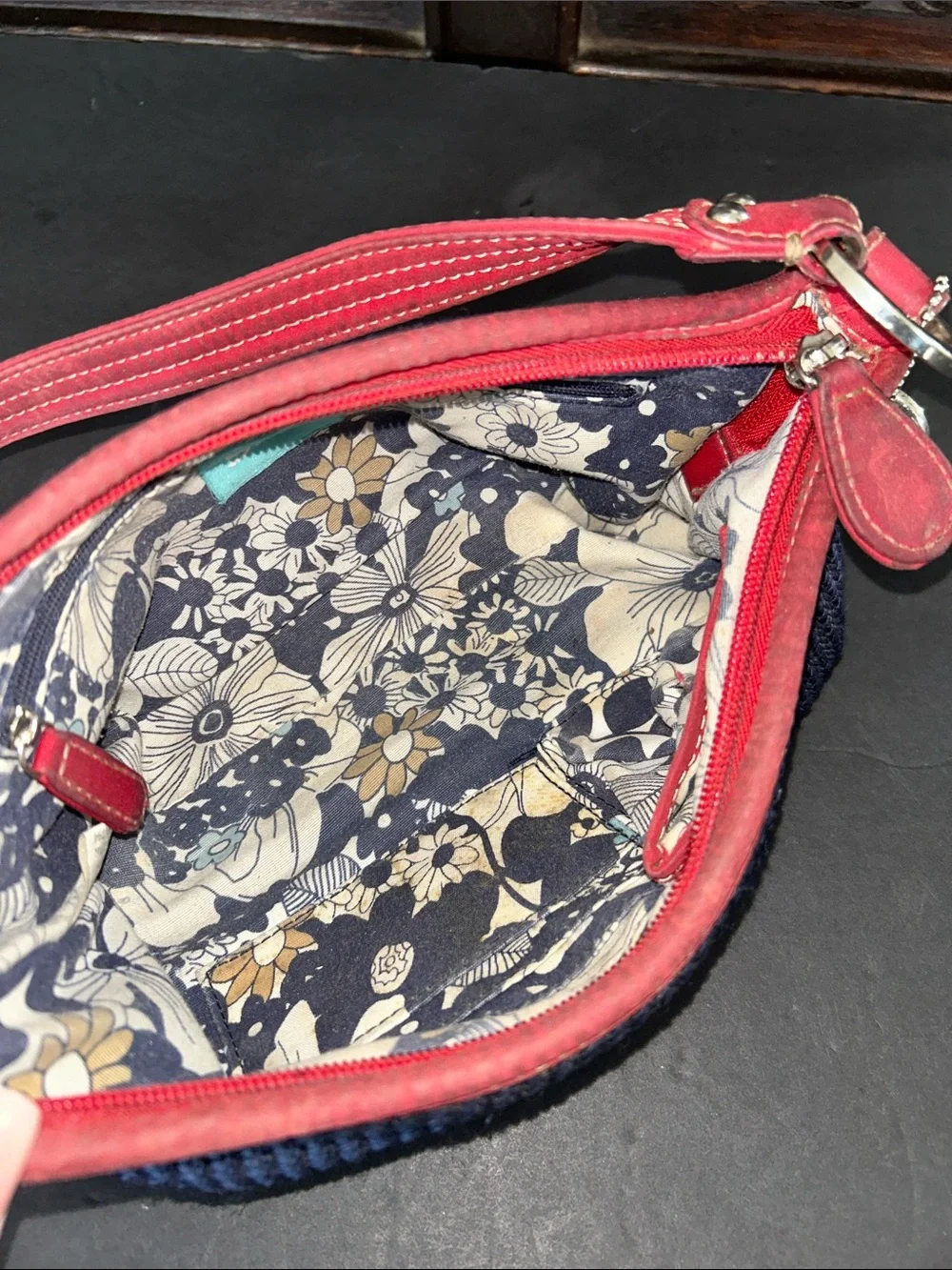 The Sak Navy Blue Crochet Woven Shoulder Bag with Red Trim